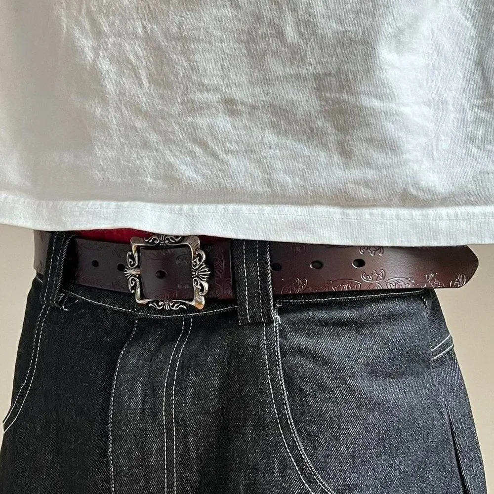 vintage style brown american western floral design belt
